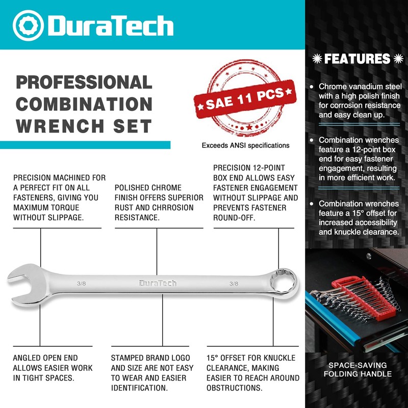 DURATECH Combination Wrench Set, SAE, 11-Piece, 1/4'' to 7/8'', 12-Point,