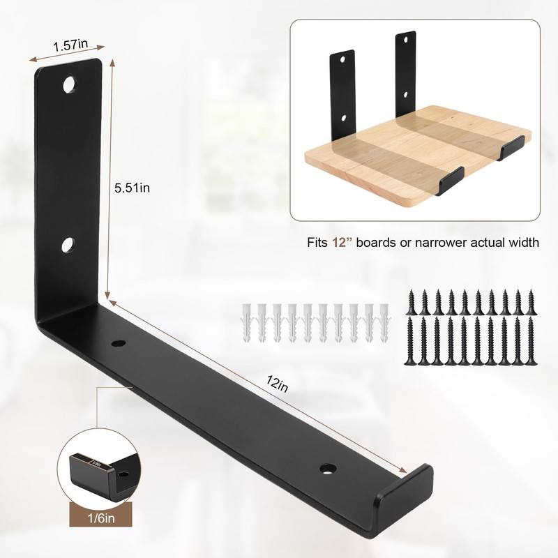 Storystore Shelf Brackets, Heavy Duty Hook Brackets for Shelves, Black