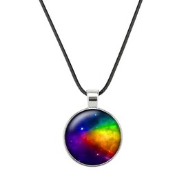 Gregory Crafts & Gifts Rainbow Prism, Galaxy Celestial Pendant Necklace, Black Cord and Round Glass Dome, 18 inch Unisex Jewellery for Him or Her. A Multicolored Cosmic Wonder