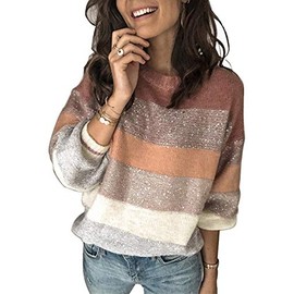 Ancapelion Women’s Striped Colour Block Glitter Jumper Long Sleeve Chunky Sweater Crew Neck Knit Pullover Tops Knitwear for Ladies L