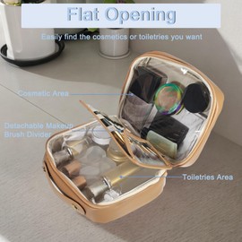 VOCOSTE Toiletry Bag, Travel Makeup Bag with Detachable Makeup Brush Divider Large Capacity PU Leather Cosmetic Bag for Women Girls, Brown