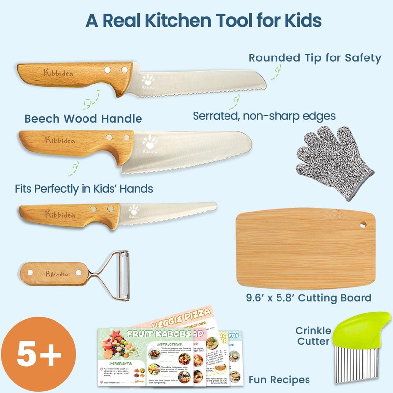 Kibbidea Kids Safe Knives for Real Cooking, 11-Piece Kids Cutting