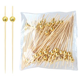 TopHomer 100 Pcs Cocktail Picks, Bamboo Fruit Sticks Multiuse Food Toothpicks with Gold Beads for BBQ, Drink, Dessert, Appetizer, Party Supplies