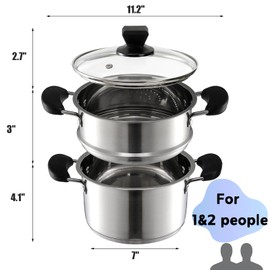 ZENFUN 1.8 Quart Stainless Steel Steamer Pot with Basket, Stock Pot with Glass Lid, Mini Steaming Pot Cookware with Handle, Metal Cooking Steamer for Vegetable, Stews, Pasta, Sauce, Individual-use