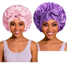 Large Silk Bonnet for Sleeping with Tie Band, Silky Soft Night Satin Bonnets for Women(2Pcs) (A)