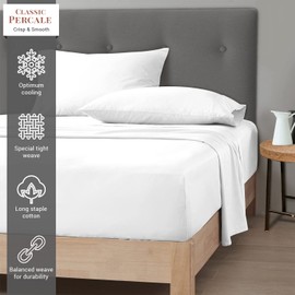Pizuna Cotton Percale Single Fitted Sheet White,100% Long Staple Combed CottonSingle Fitted Sheet 90x200 cm,Percale Weave 40 cm Deep Pocket Single Fitted Sheet 1 PC White