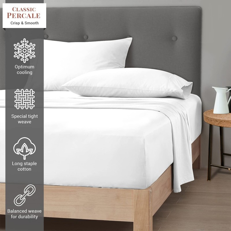 Pizuna Cotton Percale Single Fitted Sheet White,100% Long Staple Combed