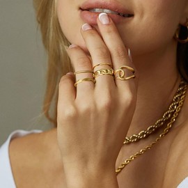 DAILI 5PCS Gold Stackable Rings Set for Women,14k Gold Plated Adjustable Open Stacking Knuckle Chunky Signet Thumb Ring,Non Tarnish Twist Cross Design, Statement Promise Wedding Bands Engagement Rings