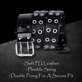 WHIPPY Double Grommet Belt for Women Men PU Leather Vintage Punk Rock Jeans Belts Double Prong Buckle Eyelet Belt (White, L)