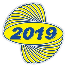 Versa-Tags Versa Tags 2019 Oval Model Year Car Dealer Window Stickers Proudly Made in The USA Versa Oval Model Windshield Year Stickers are Blue and Yellow in Color Come Twelve (12) to A Pack