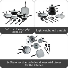 IMUSA Nonstick Ceramic Cookware Set 14-Piece, with Soft-Touch Handles, Aluminum, Black