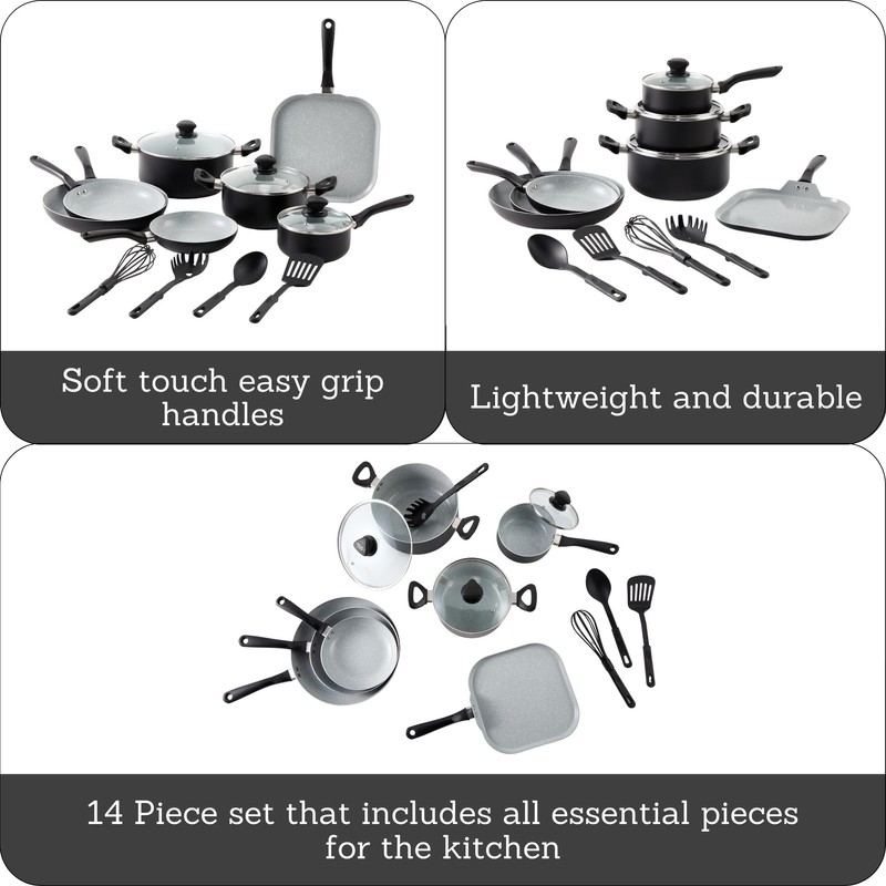 IMUSA Nonstick Ceramic Cookware Set 14-Piece, with Soft-Touch Handles, Aluminum,