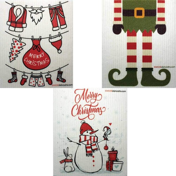 Mixed Christmas B Set of 3 Cloths (one of Each Design) Swedish Dishcloths | ECO Friendly Reusable Absorbent Cleaning Cloth