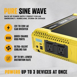 Krieger 1500 Watt 12V Pure Sine Inverter Dual AC Outlets & USB, Installation Kit Included, Automotive Portable Power for Tools, Camping & Car Accessories - ETL Approved