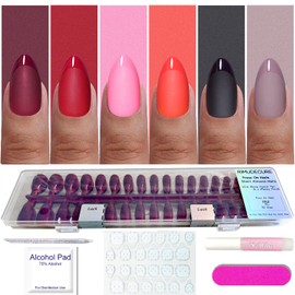 Press On Nails Short Almond Nails with Glossy French Tips in a Matte Finish 6 Set 16 Sizes - 32 Nail Kit with Glue