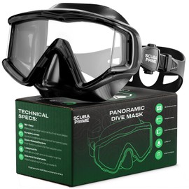 Scuba Prime Pano 3 Scuba Diving Mask, Tempered Glass Snorkel Mask Three-Window Scuba Mask No-Leak Dive Mask Silicone Skirt Diving Mask for Snorkeling and Scuba Use, Black