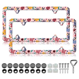 HCSS Colorful Flower Floral License Plate Frames - 2 Pack Cute Pink Aluminum Metal License Plate Holder Covers,Rust-Proof Waterproof Car Decorative Tag Frames for Standard US 12x6 Inch
