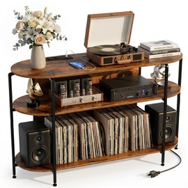 Vinyl Record Player Stand with Power Outlets, 43.3" Mid Century Turntable Stand Console Table, 3-Tier Arc Record Table Holder Shelf with Vinyl Storage for Living Room, Rustic Brown