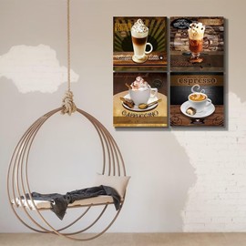Wall HDQ Coffee Wall Art for Cafe Kitchen Dining Room Wall Decor Vintage Coffee Brown Canvas Pictures Cappuccino Mocha Espresso Artwork Print Painting Walls Decoration 16''x16'' x 4Pcs