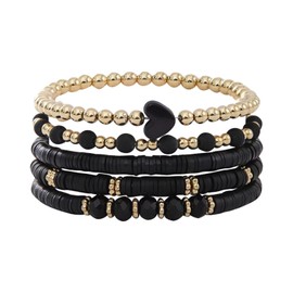 Azusa Sun Boho Heishi Beaded Stretch Bracelets for Women Colorful Heart Polymer Clay Beads Stackable Bracelets Set Multilayer Gold Beaded Bracelets Summer Beach Holiday Jewelry-Black