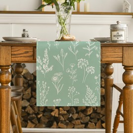 Artoid Mode Sage Green Leaves Flowers Spring Table Runner, Seasonal Kitchen Dining Table Decoration for Home Party Decor 13x90 Inch