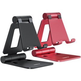 Nulaxy 2 Pack Dual Folding Cell Phone Stand, Fully Adjustable Foldable Desktop Phone Holder Cradle Dock Compatible with Phone 16 15 14 13 12 Pro Xs Xs Max Xr, All Phones, Black&Red