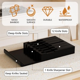 Domax Bamboo In-drawer Knife Block - Knife Drawer Organizer Insert Large Handle Steak Knife Holder, Kitchen Drawer Knife Organizer Fits for 12 knives and 1 Sharpening Steel (Not Included), Black