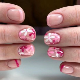 Press on Nails Square Fake Nails Short Pink Full Cover Acrylic Nails Flower Design Glue on Nails Glossy False Nails Press ons Artificial Stick on Nails for Women 24Pcs