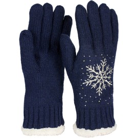 styleBREAKER 09010020 Women's Gloves with Embroidered Snowflake, Rhinestone and Fleece, Warm Thermal Winter Knitted Gloves, darkblue