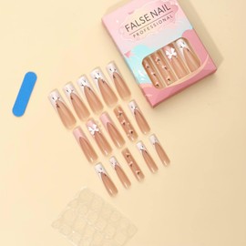 Long Square Press on Nails White Fake Nails French Tip Glue on Nails 3D Flower Bow Design Acrylic Nails Full Cover False Nails 24 Pcs (White-14, Long Nails 14)