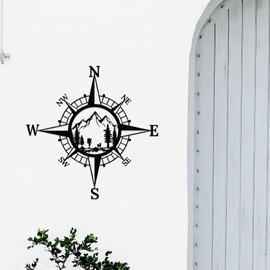 ruelen 11'' Black Metal Mountain Nautical Compass Wall Decor, Mountain Forest Decor Living Room Bedroom Office Porch Garden Patio Signs Wall Hanging Art Beach Theme Home Decoration