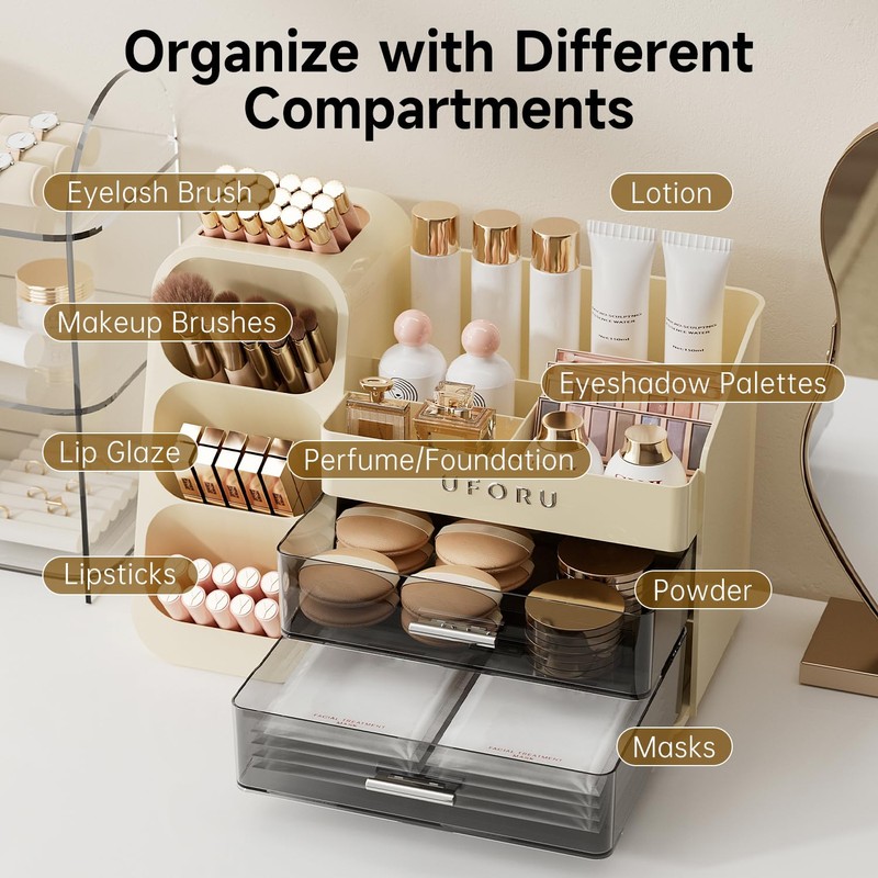 UFORU Makeup Organizer for Vanity with Brush Holder, Countertop Skincare