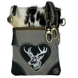 Domelo Dirndl Shoulder Bag Oktoberfest Costume Bag with Deer & Heart Design - Traditional Small Crossbody Bag Made of Canvas and Cowhide Fur Gifts for Teenage Girls, grey deer, Unit size
