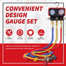 Rogvoc HVAC Manifold Gauge Set for R22/R410a/R134a Refrigerant, 3 Way AC Refrigerant Gauges Set with R22 R410a Safety Valves, 5FT Hoses, R134a Adapters, Can Tap, Upgrade Red