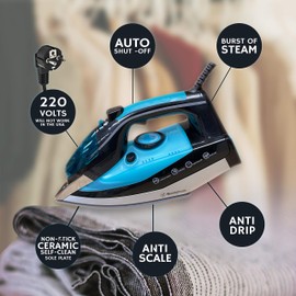 Westinghouse 220v Iron 2500 watts with Steam & Auto Shut Off 220 – 240 Volts 50/60 hz Bundle with Dynastar Plug Adapter (NOT for USA)