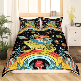 Manfei Frog Mushroom Bedding Set Retro Groovy Flowers Plants Mushroom Comforter Cover Set for Kids Teens Bedroom Decor Exotic Sun Moon Galaxy Glitter Colorful Duvet Cover Bedspread Full Size