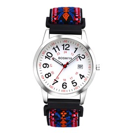 OIDEA Damen Armbanduhr aus Nylon 12/24H: Stilvoll Bunt Armband Analog Quarz mit Silber Großer Arabischer Zifferblatt Uhr Datum im 24-Stunden-Format Geschenk für Frauen Freundin