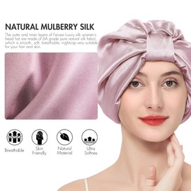 Feivea 22 Momme 100% Mulberry Silk Hair Wrap for Sleeping, Both Sides Silk Bonnet for Women Hair Care, Lotus Pink