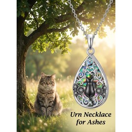 WINNICACA Urn Necklaces for Ashes 925 Sterling Silver Black Cat Teardrop Ash Necklace Cremation Jewelry Urn Pendants for Women Memorial Gifts for Birthday Christmas Funeral