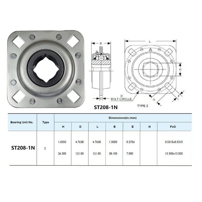 ST208-1N 1" Square Disc Harrow Flange Bearing Unit, Disc Harrow