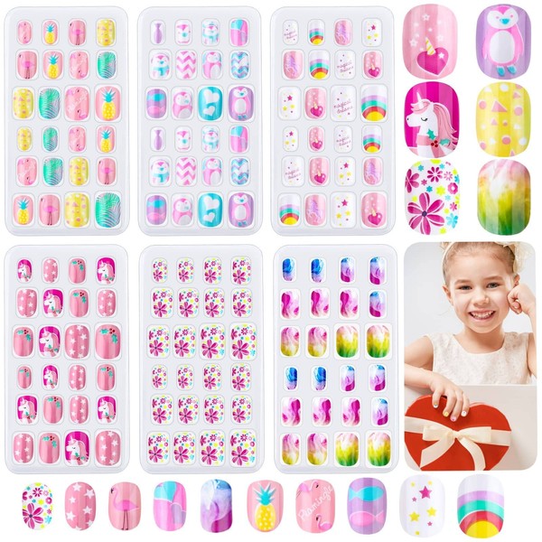 144 Pieces Press on Nails Grils, Thrilez Children Fake Artificial False Nail Tips Pre Glue Full Cover Short Acrylic Nails for Girls Kids Nail Art Decoration (Rainbow Sky)
