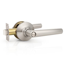 GOBEKOR Brushed Nickel Door Handles Privacy Door Levers with Lock,Heavy Duty Interior Door Handles for Bedroom and Bathroom,Sleek Round Door Lever Satin Nickel with No Key