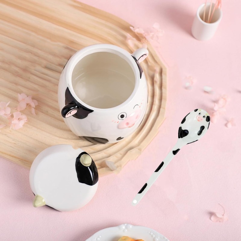 Bicuzat Cute Cow Pattern Ceramic Sugar Bowl, Cow Shaped Salt