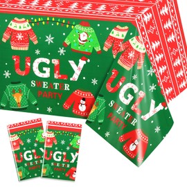 PHOGARY 2 Pack Ugly Sweater Tablecloth Ugly Sweater Party Decorations, Xmas Table Cover Disposable Rectangular Christmas Plastic Tablecloth for Winter Holiday Party Christmas Party Supplies 54"X108"