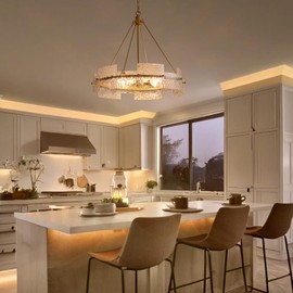 XINGQI Large 8-Light Modern Gold Glass Chandelier 26" Drum Light Fixture Round Water Ripple Pendant Lighting for Dining Room Living Room Kitchen Island Office