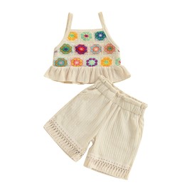 Partclots Baby Girl Outfits Crocheted Ruffled Camisole And Denim Shorts Set 6 12 18 24 Months 2 3 4 T (Beige, 12-18 Months)