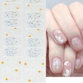NEWSPIED White Flowers Nail Polish Strips Full Wraps Stickers Spring Gel Nail Strips Floral Glitter Design Gel Nails Stickers for Nail Art Decoration Accessories No Uv Light Needed
