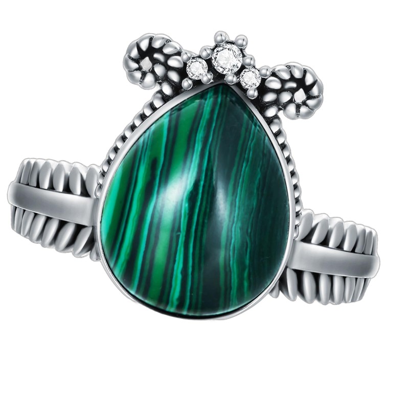 Plesitep Pear Malachite Ring 925 Sterling Silver Malachite Stone Ring