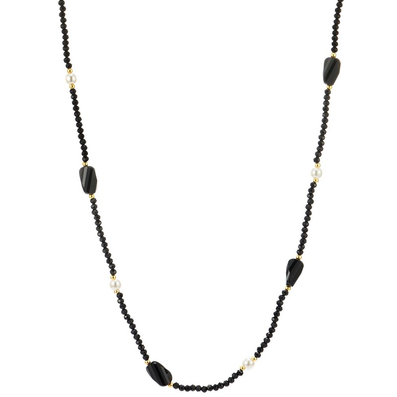 COOLSTEELANDBEYOND Long Beaded Layered Necklace, Black Gold Bead, Boho Minimalist