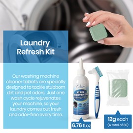 Calvana Laundry Refresh Kit, 30 Washing Machine Cleaner Tablets, 6.76 fl. oz Stain Remover Gel, Cleaning Brush, Tackles Pet Odors & Stains on Grout/Caulk, Family & Pet Safe, 12-Month Supply